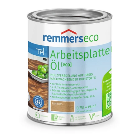Remmers Arbeitsplatten-Öl – olej do blatów drewnianych. Penetruje i chroni przed wilgocią i zabrudzeniami. Naturalny, wegański skład. Pojemność 0,375l lub 0,75l. Kolor bezbarwny albo naturalnego drewna.