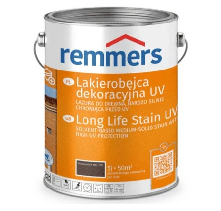 Remmers Lakierobejca dekoracyjna UV 0,75l – lazura do drewna o bardzo wysokiej ochronie UV, idealna do zabezpieczania okien, drzwi, altan i mebli ogrodowych. Trwałe wykończenie i naturalny wygląd drewna.