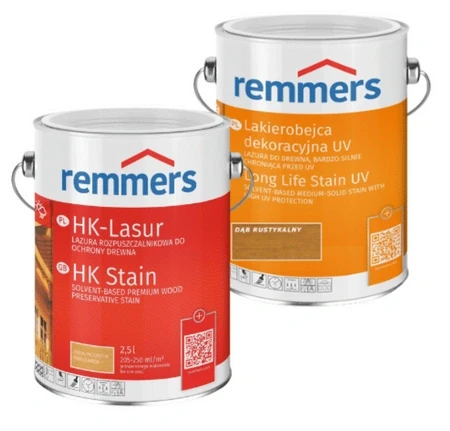 Zestaw Remmers HK-Lazura i Remmers Lakierobejca UV – dwa produkty do ochrony i dekoracyjnego wykończenia drewna na zewnątrz.