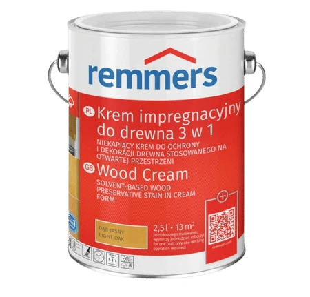 Remmers Wood Cream Krem impregnacyjny do drewna 3w1 – kremowej, niekapiącej lazury 3w1 do drewna zewnętrznego, w opakowaniu 0,75l, przeznaczonej do ochrony i dekoracji elementów drewnianych na zewnątrz.