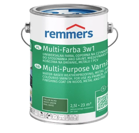 Remmers Multi-Farba 3w1 0,75l – puszka farby uniwersalnej o jedwabiście matowym wykończeniu, przeznaczonej do drewna, metalu i PCV; nowoczesne, wodne rozwiązanie zapewniające trwałą ochronę i wysokie krycie
