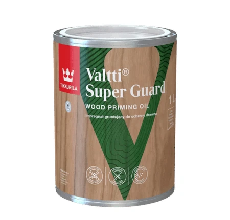 Tikkurila Valtti Super Guard – impregnat gruntujący do drewna w opakowaniu 1l lub 2,7l. Chroni drewno przed wilgocią, grzybami i pleśnią, zapewniając trwałe zabezpieczenie i idealne przygotowanie pod dalsze malowanie.
