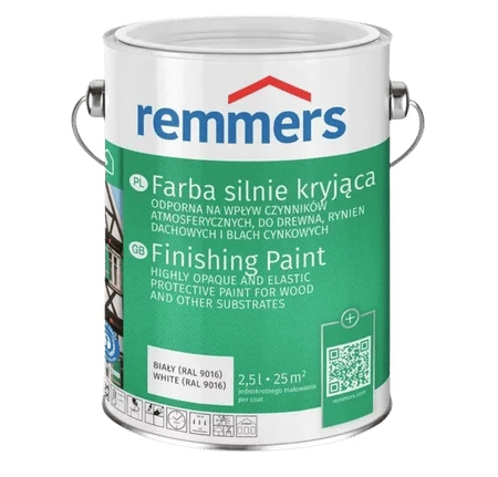 Remmers Farba silnie kryjąca 5l – wodna, elastyczna farba do drewna, metalu i powierzchni mineralnych. Zapewnia doskonałe krycie, odporność na warunki atmosferyczne i trwałe, jedwabiście matowe wykończenie. Idealna do ogrodzeń, altan, okiennic i rynien.
