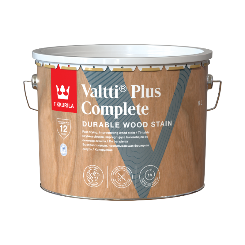 Tikkurila Valtti Plus Complete 9l – lakierobejca ochronno-dekoracyjna do drewna. Do barwienia, zabezpiecza przed wilgocią i UV, podkreśla naturalną strukturę drewna.