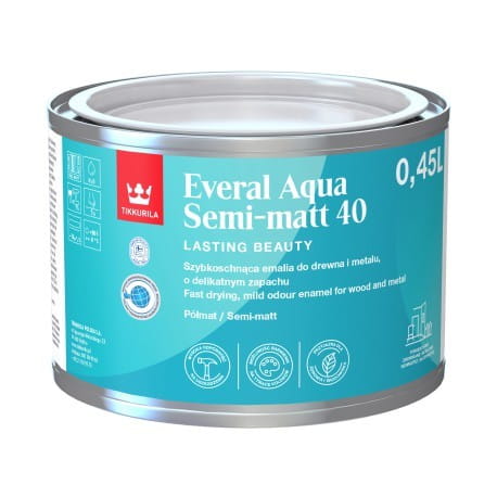 Tikkurila Everal Aqua 40 Semi Matt 0,45 L. Wodorozcieńczalna, półmatowa emalia akrylowa do drewna i metalu do wnętrz i na zewnątrz. Trwała, szybkoschnąca, możliwe barwienie.