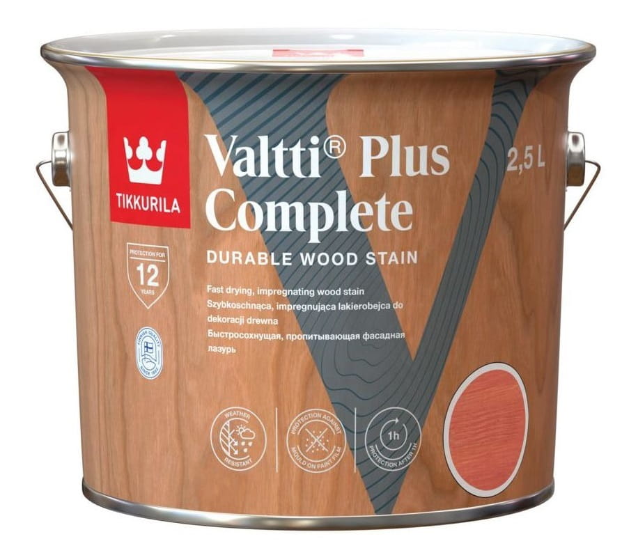 Tikkurila Valtti Plus Complete 5 l – lakierobejca ochronno-dekoracyjna do drewna. Gotowe kolory, zabezpiecza przed wilgocią i UV, podkreśla naturalną strukturę drewna.